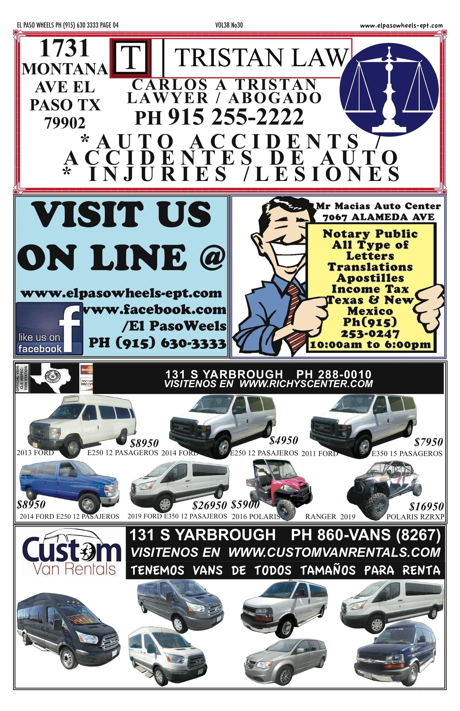 El Paso Wheels issue page 4 — Tristan Law, Mr Macias Auto, Custom Van Rentals