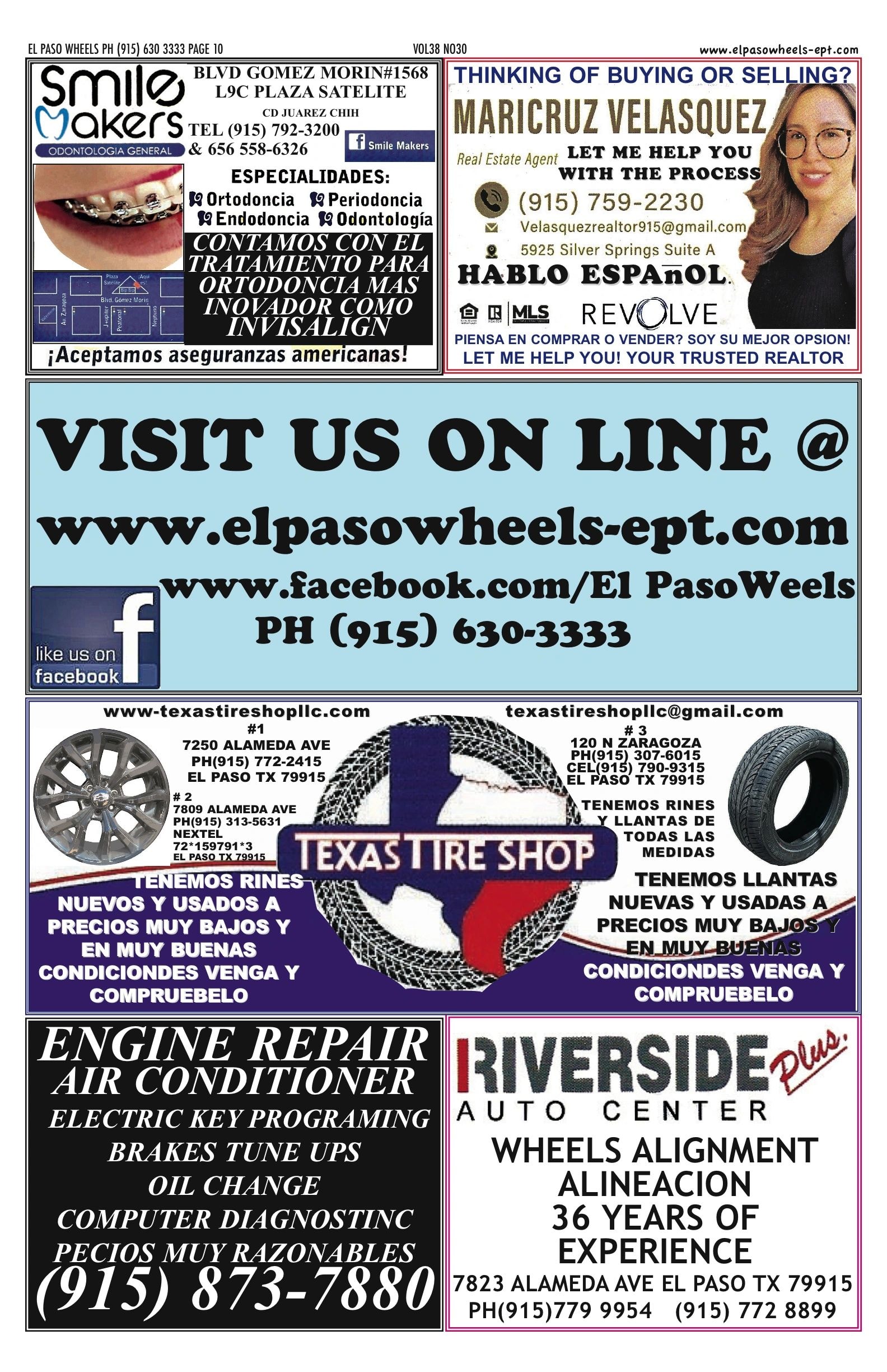 El Paso Wheels issue page 10 — local business ads, tire shops